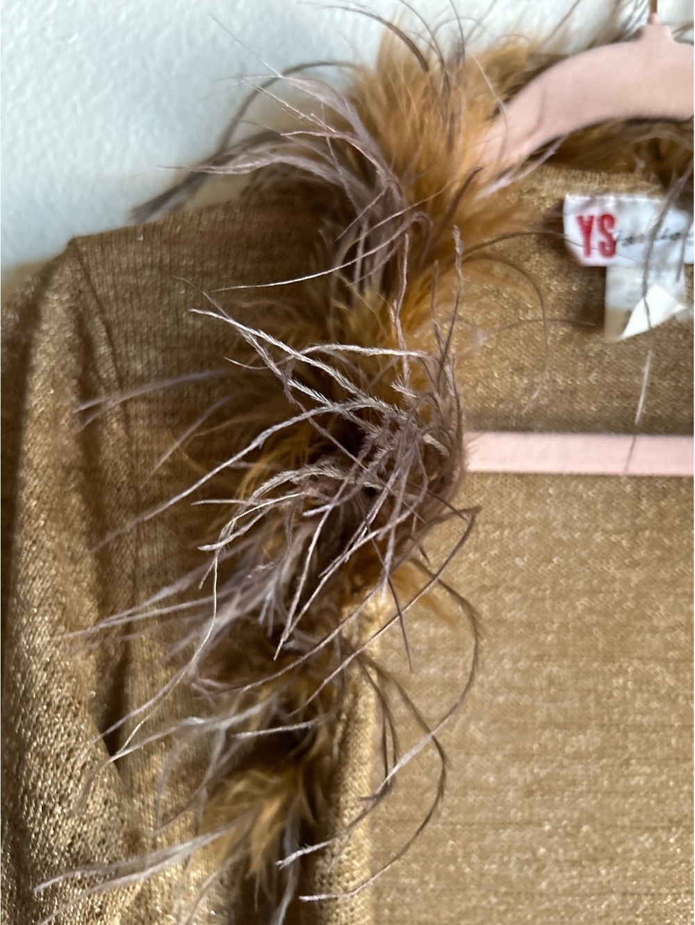 Vintage Brown Long Sleeve Knit Cardigan with Feather Trim Collar
